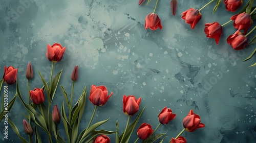 Craft an AI image portraying top-down tulips on a plain surface, with an area left vacant for accompanying text photo