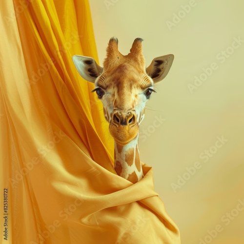 Giraffe wrapped in yellow fabric. Studio animal portrait.