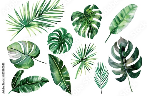 A watercolor vector illustration set featuring tropical leaves  exotic plants  palm leaves  and monstera isolated on a white background.