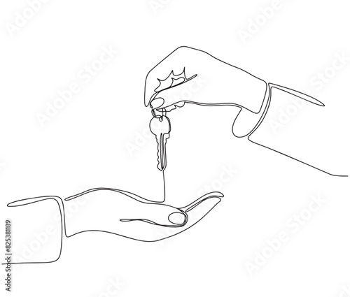 Two hands and key one line continuous. Line art rent concept. Hand drawn vector art.