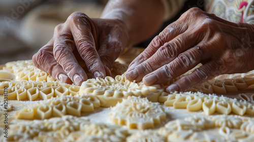 closeup photograph of hands shaping intricate patterns on Eid sweets or pastries showcasing the skill and artistry involved in culinary traditions