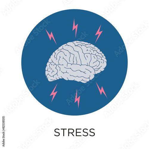Stress concept with brain and lightning bolts vector icon, flat style illustration