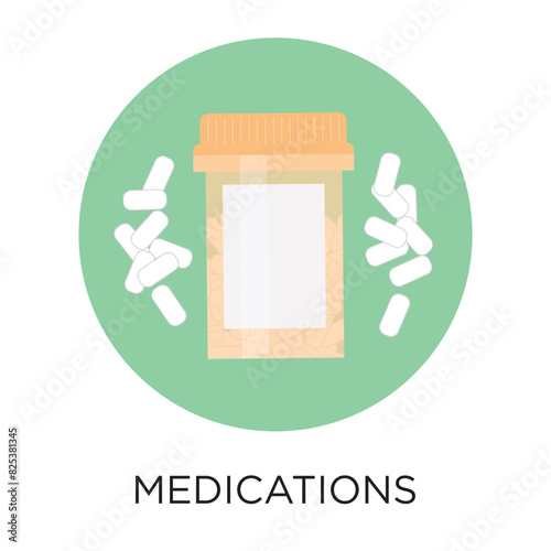 Medication concept vector icon with a prescription bottle and white pills