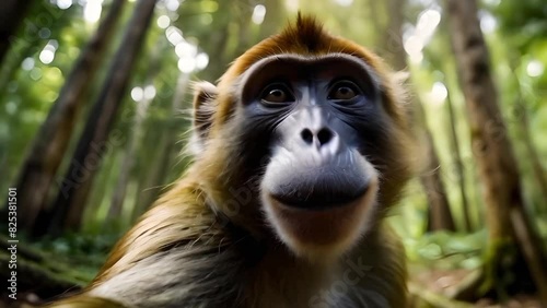Macaque monkey takes selfie in lush forest, seamless loop, hilarious and adorable wildlife moments