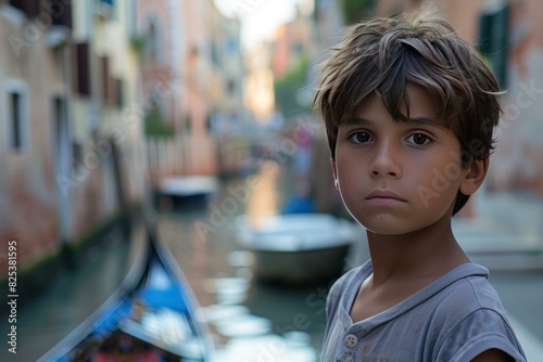 Exploring the cultural and serene city of venice with a thoughtful young boy enjoying a gondola ride along the charming waterways of italy