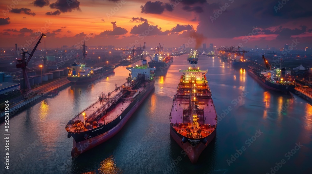 Naklejka premium Massive cargo ships are docked at an industrial port as the sun sets, creating a vibrant and busy atmosphere.