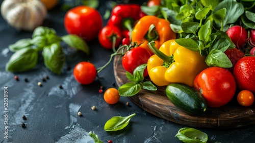 Assorted fresh vegetables including bell peppers  tomatoes  cucumbers  and basil on a dark background