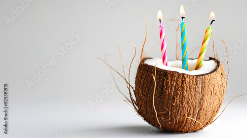 Birthday cake in the shape of a coconut. Birthday candles on a coconut.  White background.