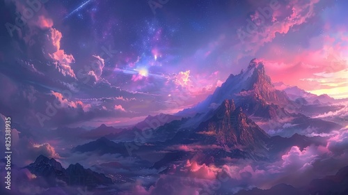 A stunning painting of a mountain rising high above the clouds in a dreamy sky photo