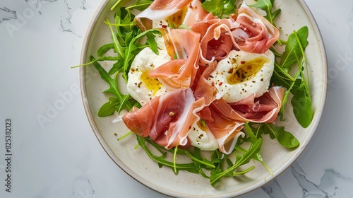 Fresh Salad With Prosciutto on White Plate