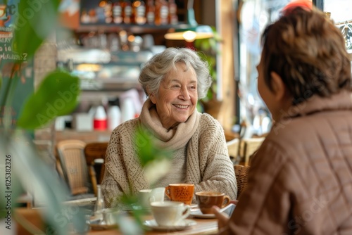 Beaming elderly woman having coffee and conversations in a cafe