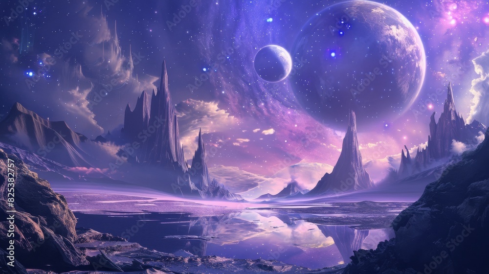 Fototapeta premium A stunning painting featuring majestic mountains and planets in a cosmic space scene