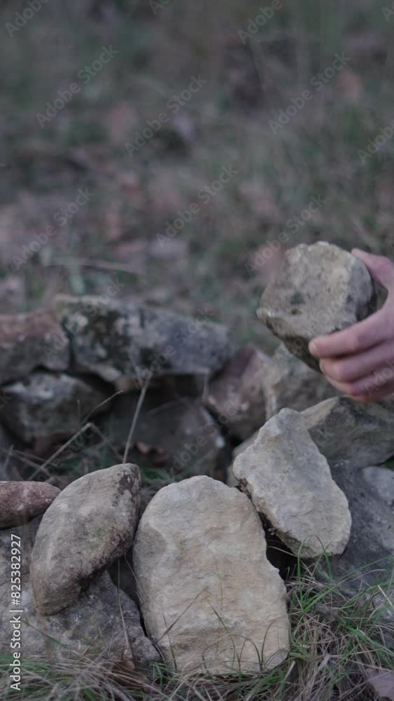young caucasian man crouching in the forest preparing the big stones to make a firefit before lighting a bonfire young caucasian man crouching in the forest preparing the big stones to make a firefit before lighting a bonfire