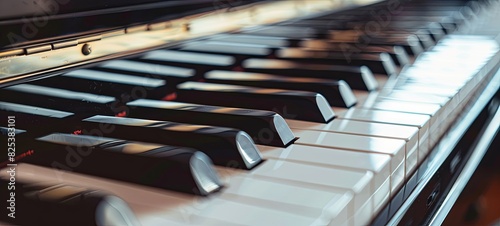 Close-up still life detail profile view of a piano keyboard black and white keys, interior  photo