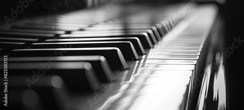 Close-up still life detail profile view of a piano keyboard black and white keys, interior  photo