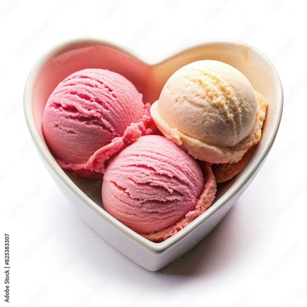 Three Scoops of Ice Cream in Heart Shaped Bowl. Generative AI Three Scoops of Ice Cream in Heart Shaped Bowl. Generative AI