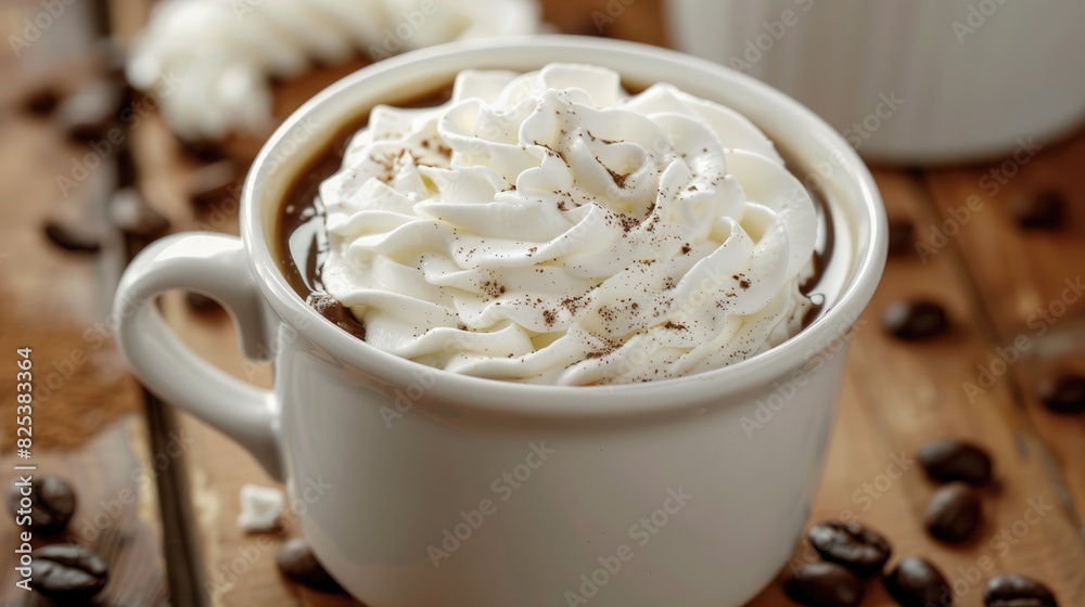Dark brewed coffee in a white cup with a lavish amount of whipped cream swirls for a delightful sight and flavor combo Dark brewed coffee in a white cup with a lavish amount of whipped cream swirls for a delightful sight and flavor combo
