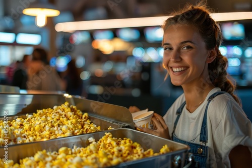 smiling young woman serving popcorn at movie theater concession stand friendly customer service photo