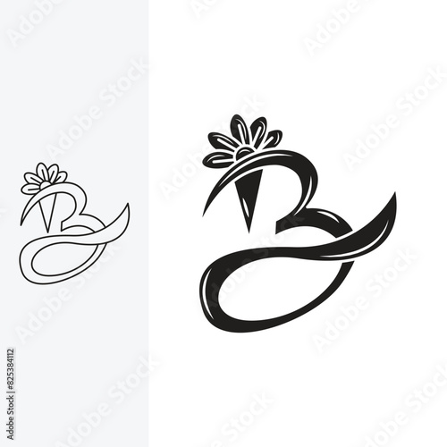 letter B, beautiful with floral ornaments on it. monoline style and silhouette stylish.