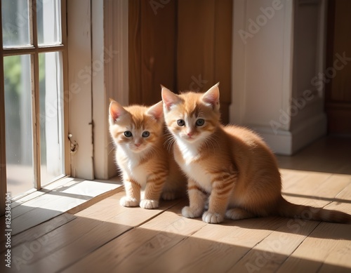 Two young kittens sitting on a wooden floor near a window, one kitten looking at the camera