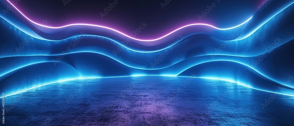 3d render, abstract minimal neon background with glowing wavy line ...