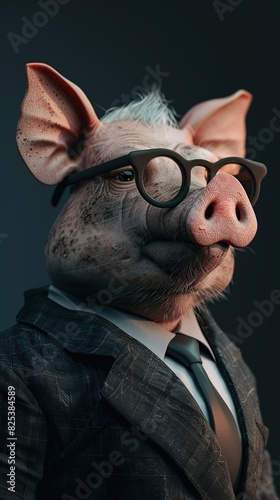 3d Portrait of a pig in a business suit with glasseson a gradiand backgrond photo