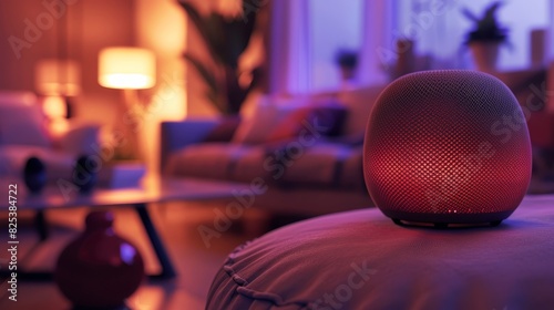 Detailed closeup of a smart speakers interface in a living room, emphasizing voice control features, cybernetic tone, Triadic Color Scheme photo