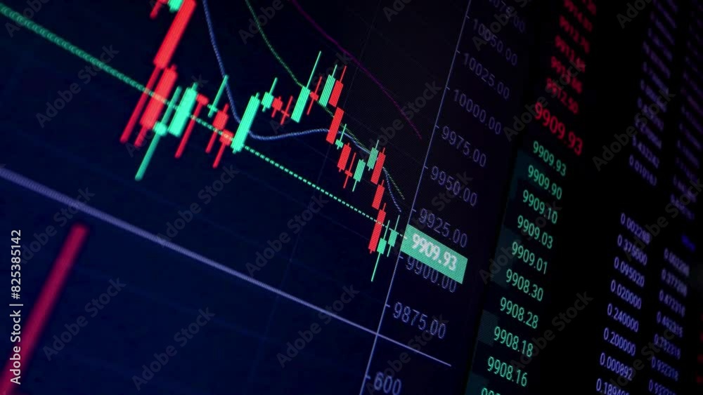 Timelapse of financial exchange rate volatility trading line chart display on screen