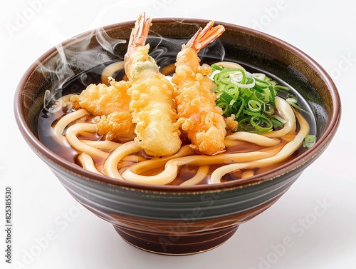 A steaming bowl of udon noodles in a savory broth with tempura shrimp, scallions, and kamaboko fish cake, served in a traditional Japanese bowl