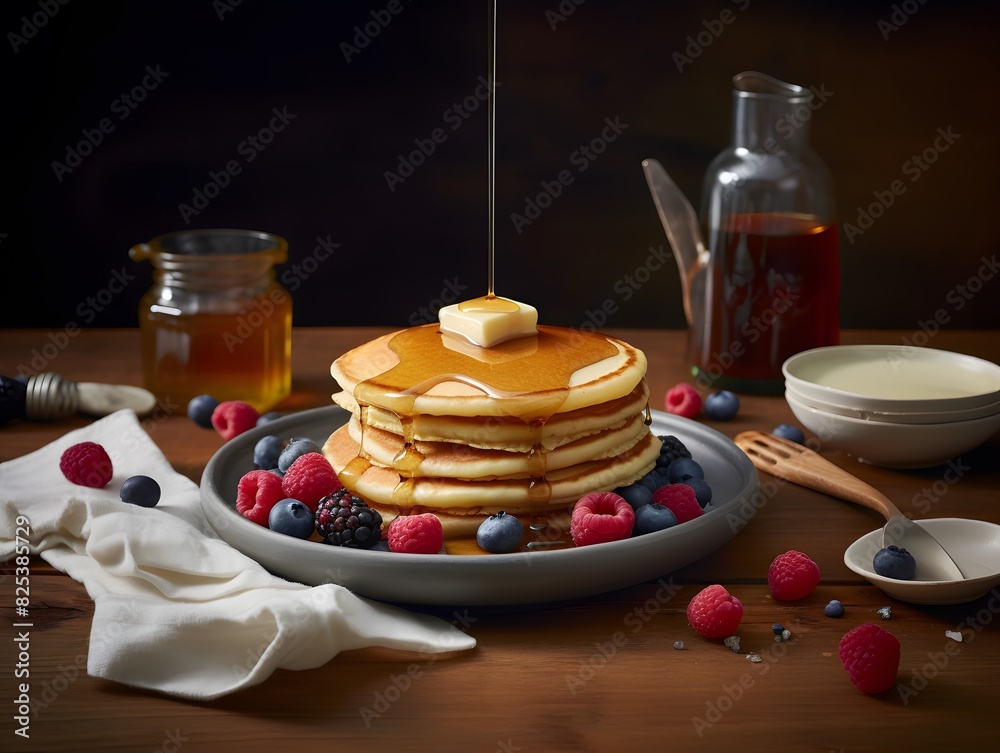 Stack of pancakes with berries and honey. Stack of pancakes with berries and honey.