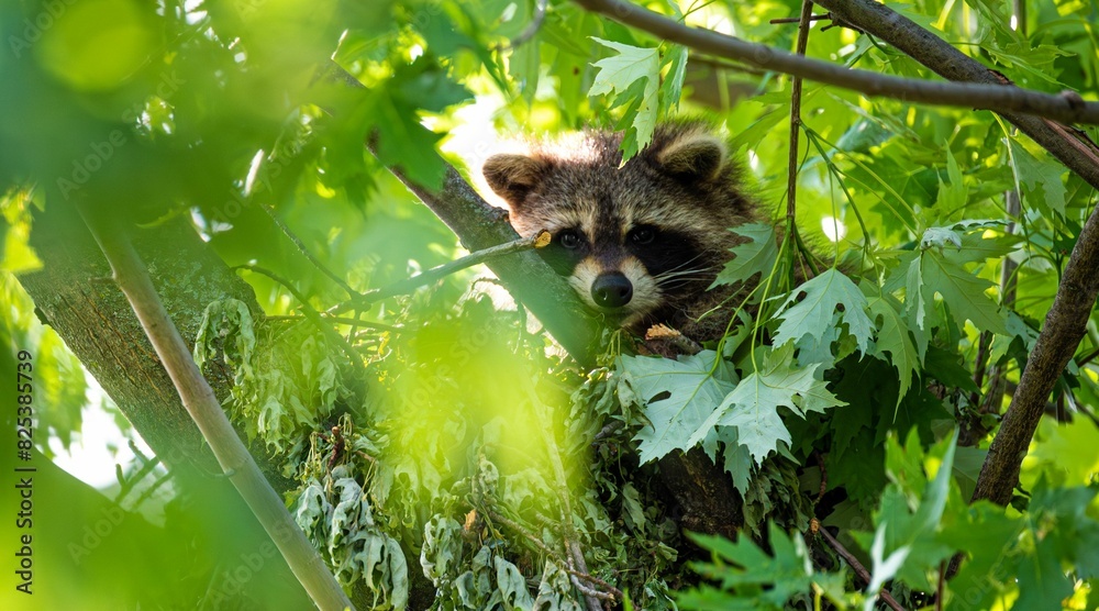 Fototapeta premium a raccoon peeking out from under leaves in a forest