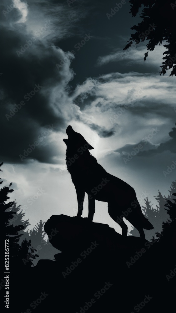 Lone Wolf Howling at the Moon in a Dark Forest , Mysterious Wildlife Scene for Posters and Prints Lone Wolf Howling at the Moon in a Dark Forest , Mysterious Wildlife Scene for Posters and Prints