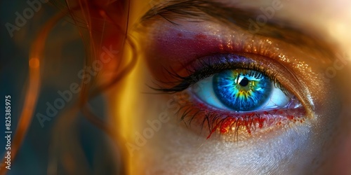 Detailed image of red swollen eye with hemorrhage greenblue iris conjunctivitis. Concept Eyeball Health, Ocular Conditions, Eye Diseases, Diagnostic Symptoms, Medical Photography photo