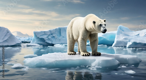 A Sad polar bear on a small piece of ice glacier in the sea of Antarctica  global warming and temperature increase concept 