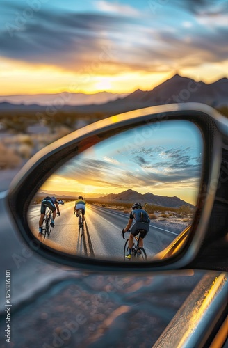 Close-up of a car mirror reflecting a scenic desert road with cyclists during a beautiful sunset.