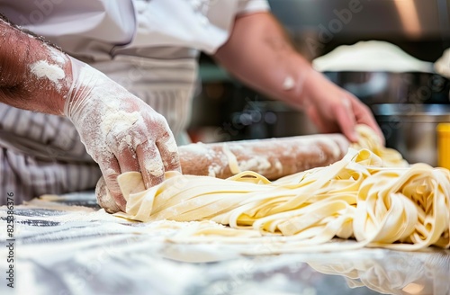 Close-up of a chef's hands rolling out dough for pasta.