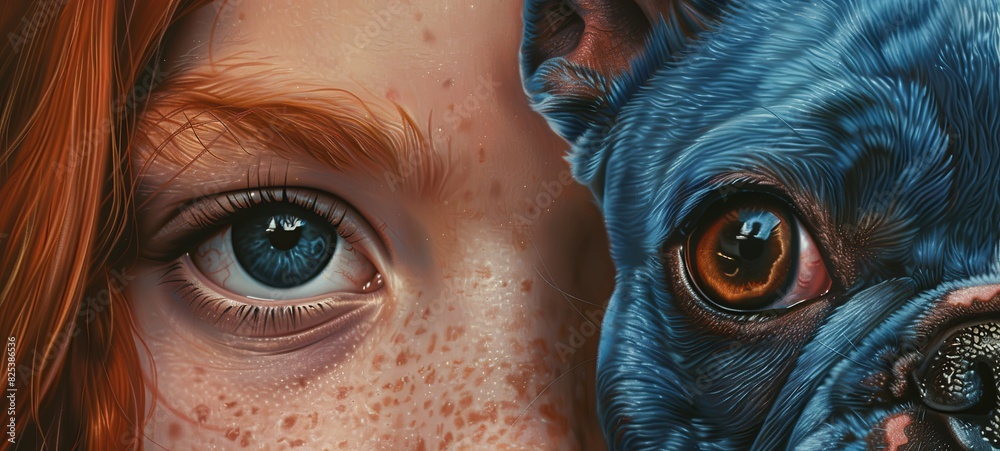 Close-up portrait of the eyes of a girl with red hair and a blue French bulldog. 