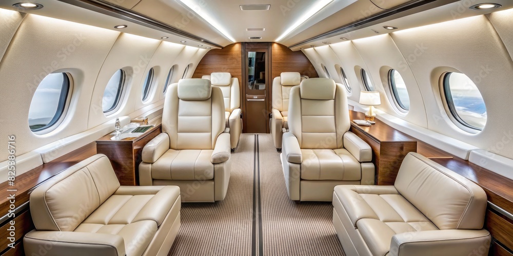 Luxurious Interior of a Private Jet With Leather Seats. Generative AI