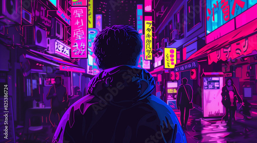 A man standing with his back in an alley and looking at neon signs