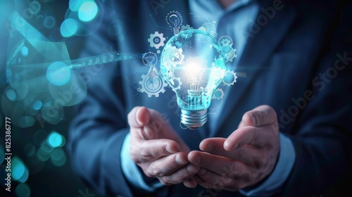 Businessman holding digital lightbulb with technology icons and gears. Innovation and technology concept