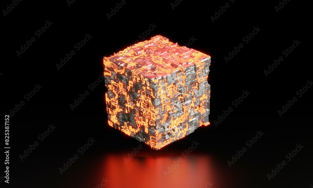 Silver sci fi cube with yellow and red neon glow on black background. Futuristic element, concept of new technolories. 3D rendering of one cube