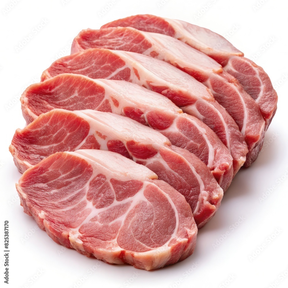 Four Pieces of Raw Meat on White Background. Generative AI Four Pieces of Raw Meat on White Background. Generative AI