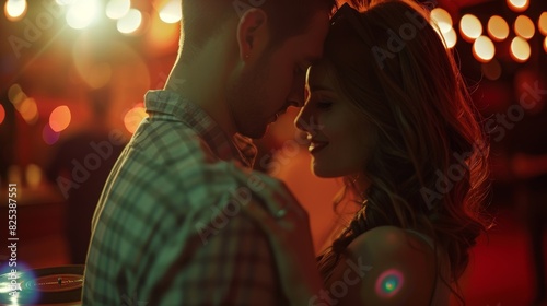 A young couple dancing in perfect sync to the smooth tunes of a vinyl record at the silent disco party. photo