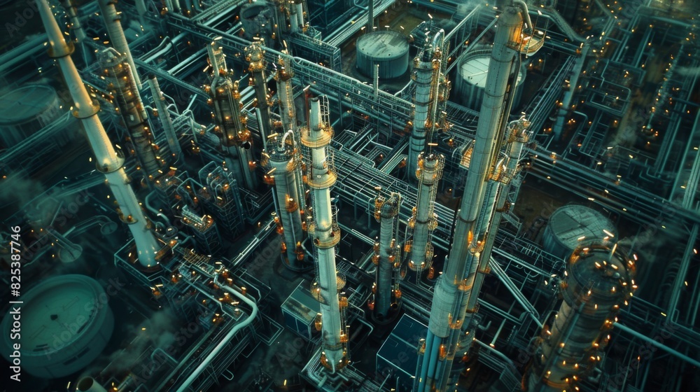 A comprehensive aerial view captures an expansive oil refinery complex at night, adorned with glowing pipelines and towering storage tanks, showcasing industrial activity in full swing.