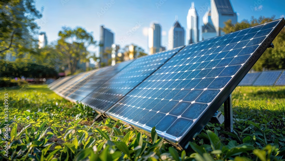 Fototapeta premium Solar panels installed in a park or green space with a cityscape in the background, highlighting the integration of renewable energy in urban environments.