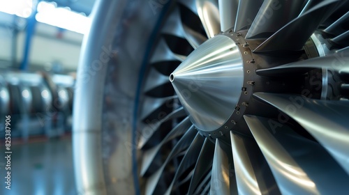 Close-up of a jet engine turbine in an industrial setting. Industrial photography for design and print.