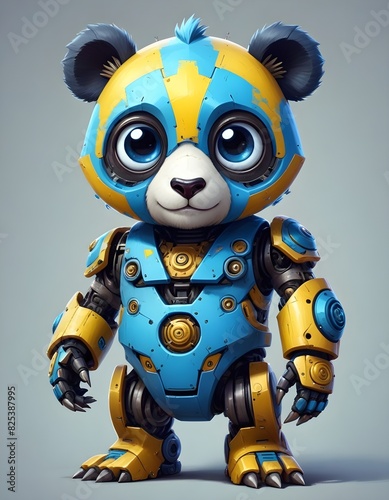 A cute and teal robot panda with large expressive eyes  a triangular nose  and various mechanical details on its body