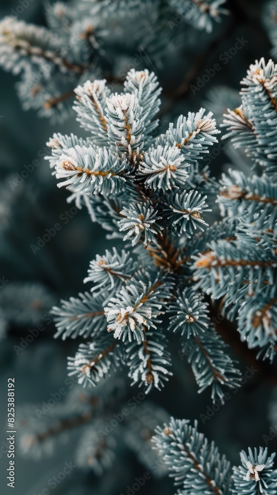 Close-up of snow-covered pine branches, capturing the beauty and detail of winter nature in a captivating, frosty scene.