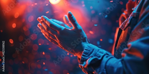 Close-up of hands clapping in vibrant lighting, capturing the energy and spirit of a live event or celebration. photo