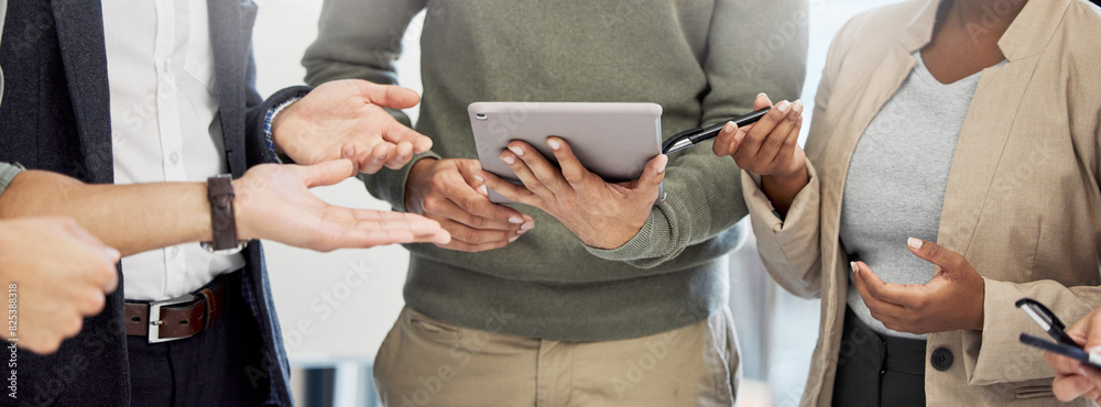 Fototapeta premium Startup, tablet or hands of business people in discussion or meeting for paperwork, review or partnership. Collaboration, staff or designers speaking of teamwork, project or planning in conversation
